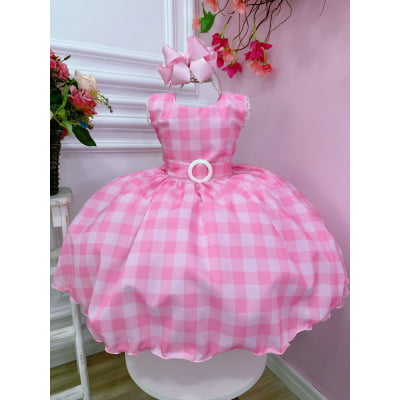 Vestido Infantil Barbie Rosa Xadrez Branco Cinto C/ Fivela