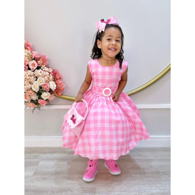 Vestido Infantil Barbie Rosa Xadrez Branco Cinto C/ Fivela