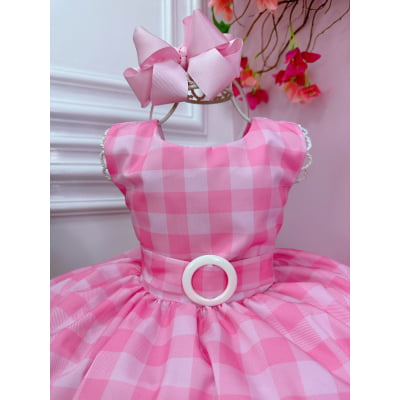 Vestido Infantil Barbie Rosa Xadrez Branco Cinto C/ Fivela