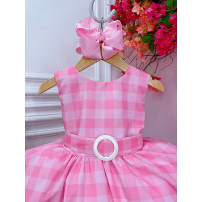 Vestido Infantil Barbie Rosa Xadrez Branco Cinto C/ Fivela