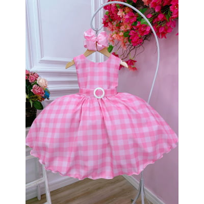 Vestido Infantil Barbie Rosa Xadrez Branco Cinto C/ Fivela