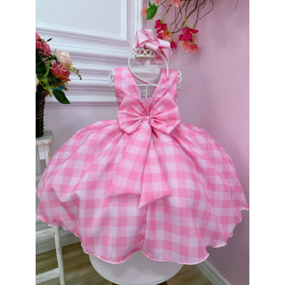 Vestido Infantil Barbie Rosa Xadrez Branco Cinto C/ Fivela