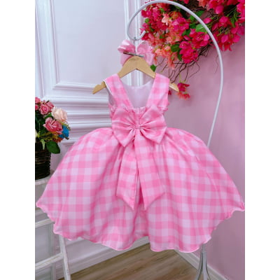 Vestido Infantil Barbie Rosa Xadrez Branco Cinto C/ Fivela