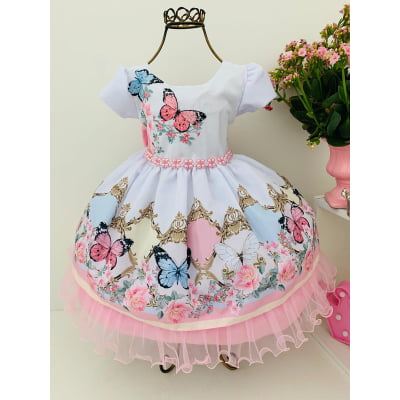 Vestido Infantil Branco Borboletas Floral Batizados Festas