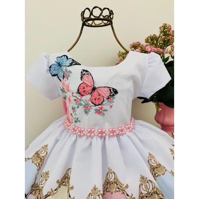 Vestido Infantil Branco Borboletas Floral Batizados Festas