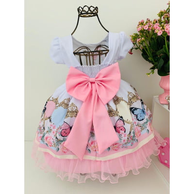 Vestido Infantil Branco Borboletas Floral Batizados Festas