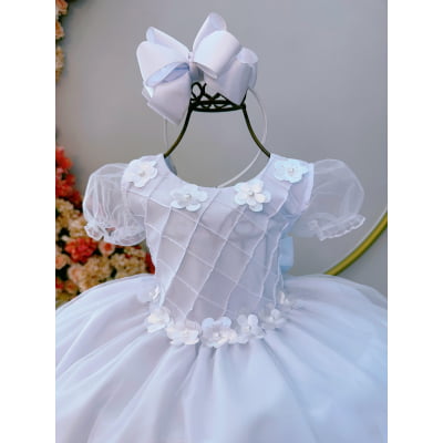 Vestido Infantil Branco Busto Nervura Apliques Flores Festas