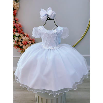 Vestido Infantil Branco Busto Nervura Apliques Flores Festas