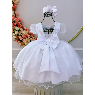Vestido Infantil Branco Busto Nervura Apliques Flores Festas