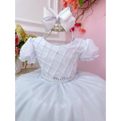 Vestido Infantil Branco Busto Nervura C/ Pérolas Festas