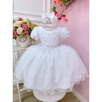 Vestido Infantil Branco Busto Nervura C/ Pérolas Festas