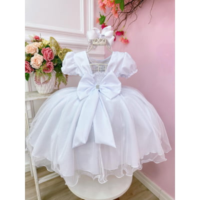 Vestido Infantil Branco Busto Nervura C/ Pérolas Festas