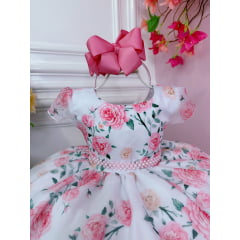 Vestido Infantil Branco Florido de Rosas C/ Cinto de Pérolas