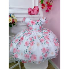 Vestido Infantil Branco Florido de Rosas C/ Cinto de Pérolas
