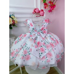 Vestido Infantil Branco Florido de Rosas C/ Cinto de Pérolas
