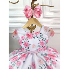 Vestido Infantil Branco Florido de Rosas C/ Cinto de Pérolas