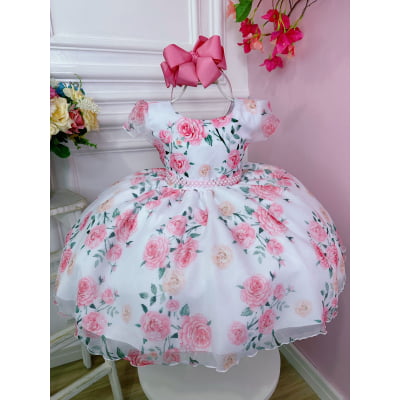 Vestido Infantil Branco Florido de Rosas C/ Cinto de Pérolas