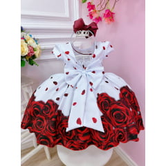 Vestido Infantil Branco Florido Rosas Vermelhas C/ Strass