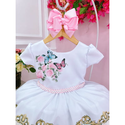 Vestido Infantil Branco Jardim das Borboletas Encantado