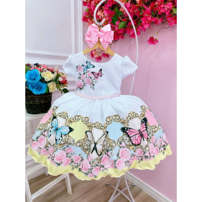 Vestido Infantil Branco Jardim das Borboletas Encantado