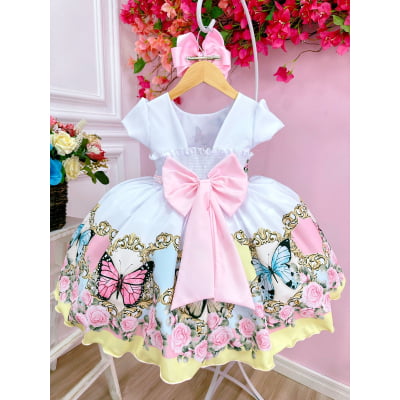 Vestido Infantil Branco Jardim das Borboletas Encantado