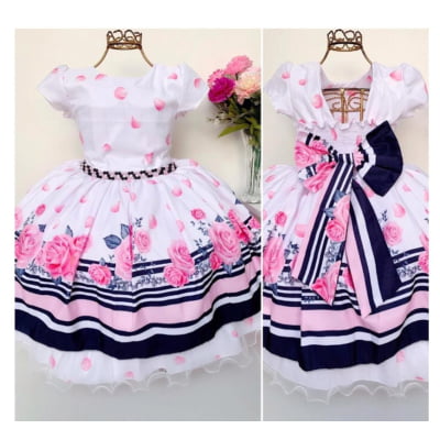Vestido Infantil Branco Rosas e Pétalas Floral Luxo