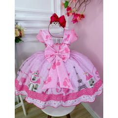 Vestido Infantil Casa da Barbie Rosa C/ Cinto de Pérolas