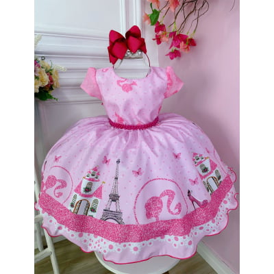 Vestido Infantil Casa da Barbie Rosa C/ Cinto de Pérolas