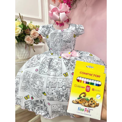 Vestido Infantil Livro Colorir Pinte e Lave + Canetinhas 12 Cores Festas