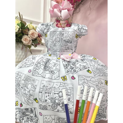 Vestido Infantil Livro Colorir Pinte e Lave + Canetinhas 12 Cores Festas