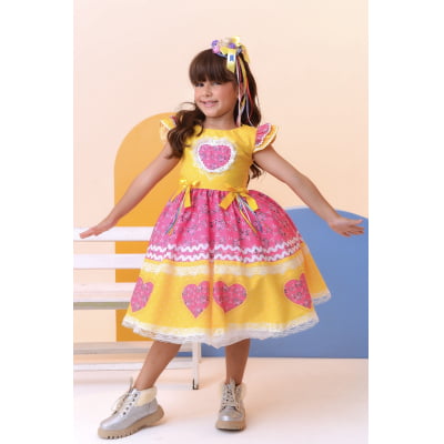 Vestido Infantil Junino Amarelo Colorido Luxo Festas