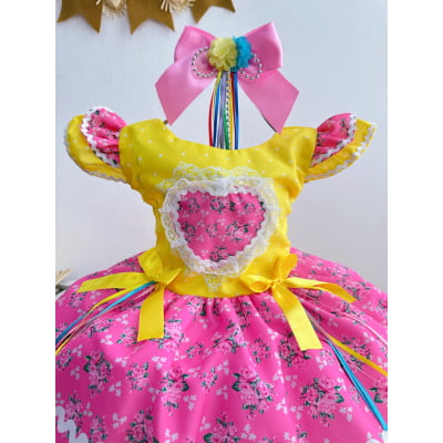 Vestido Infantil Junino Amarelo Colorido Luxo Festas