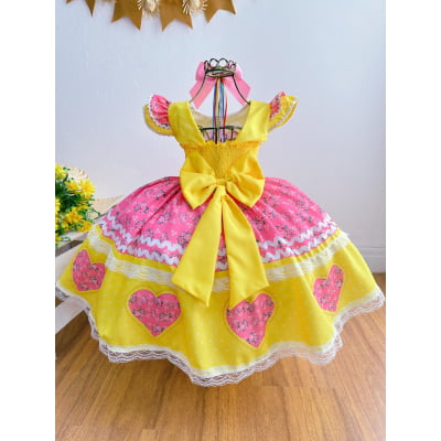 Vestido Infantil Junino Amarelo Colorido Luxo Festas