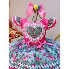 Vestido Infantil Junino Arraiá Rosa Chiclete Colorido Festas