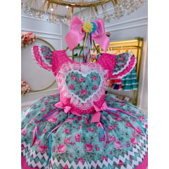 Vestido Infantil Junino Arraiá Rosa Chiclete Colorido Festas