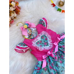 Vestido Infantil Junino Arraiá Rosa Chiclete Colorido Festas