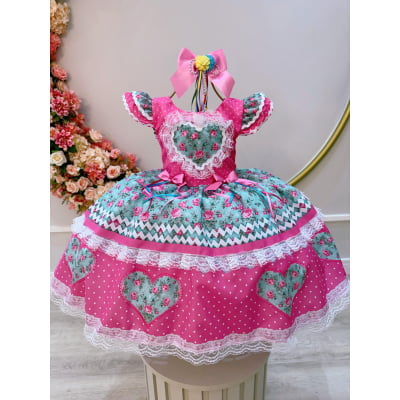 Vestido Infantil Junino Arraiá Rosa Chiclete Colorido Festas