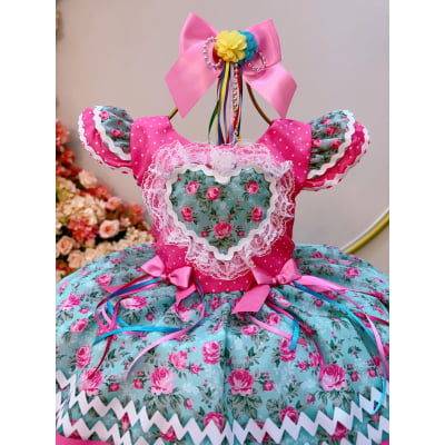 Vestido Infantil Junino Arraiá Rosa Chiclete Colorido Festas