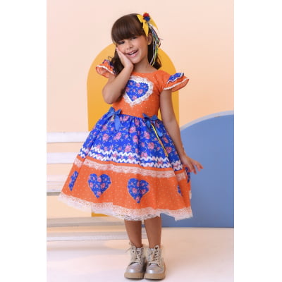 Vestido Infantil Junino Laranja Colorido Luxo Festas
