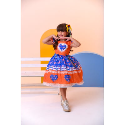 Vestido Infantil Junino Laranja Colorido Luxo Festas