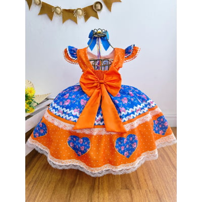 Vestido Infantil Junino Laranja Colorido Luxo Festas