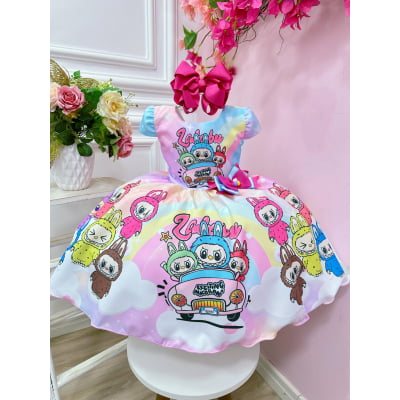 Vestido Infantil Labubu 3D Colorido Festas