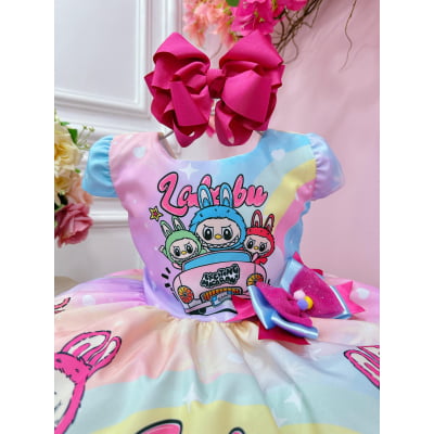 Vestido Infantil Labubu 3D Colorido Festas