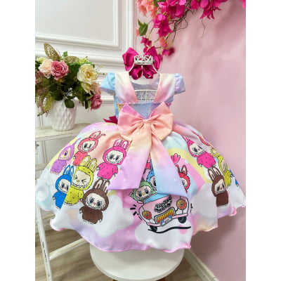 Vestido Infantil Labubu 3D Colorido Festas