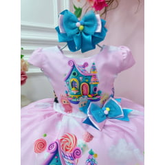 Vestido Infantil Labubu 3D Rosa Colorido Festas