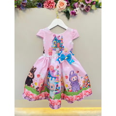 Vestido Infantil Labubu 3D Rosa Colorido Festas