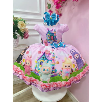 Vestido Infantil Labubu 3D Rosa Colorido Festas
