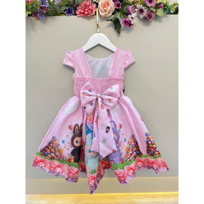 Vestido Infantil Labubu 3D Rosa Colorido Festas