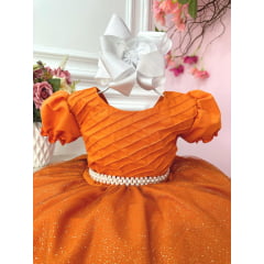 Vestido Infantil Laranja Busto Plissado C/ Pérolas Festas