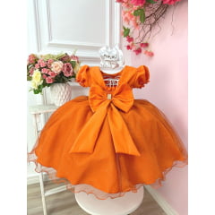 Vestido Infantil Laranja Busto Plissado C/ Pérolas Festas